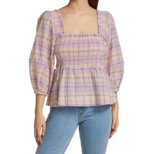 Ganni purple checked print smocked top